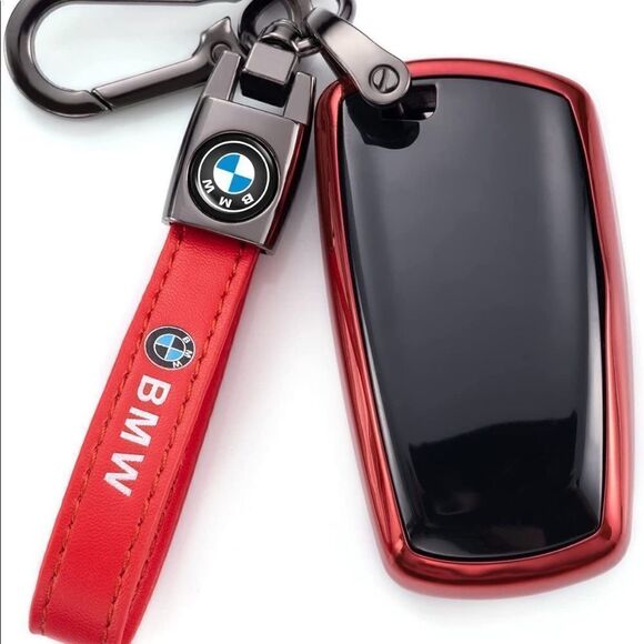 BMW Logo key fob Keychain in Red Leather & Key Fob Cover in black & Red NWT - Picture 2 of 11